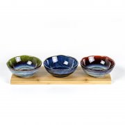 3PCS Ceramic round bowl with bamboo tray